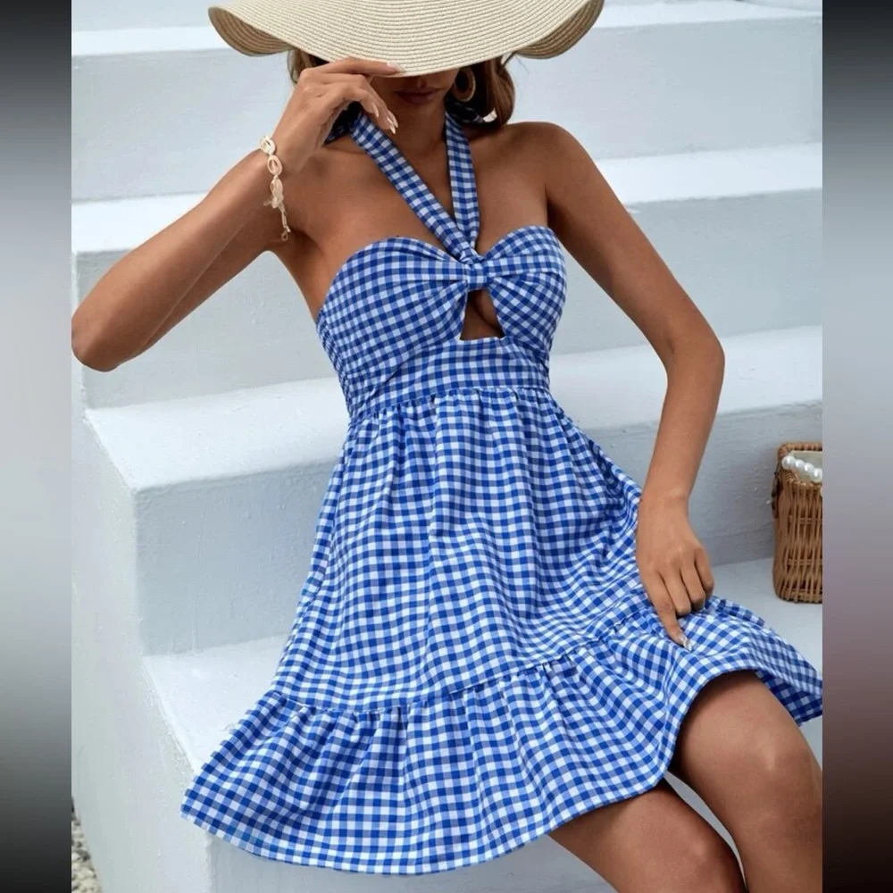 Classic Gingham Print Bandeau Cut Out Ruffle Hem Halter Neck Backless Dress - Picture 5 of 6